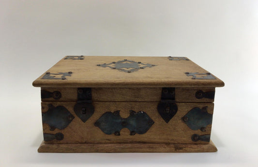 Folk Art Hardwood Tea / Treasure Chest Vintage Handmade 11" Lock Box Storage Container