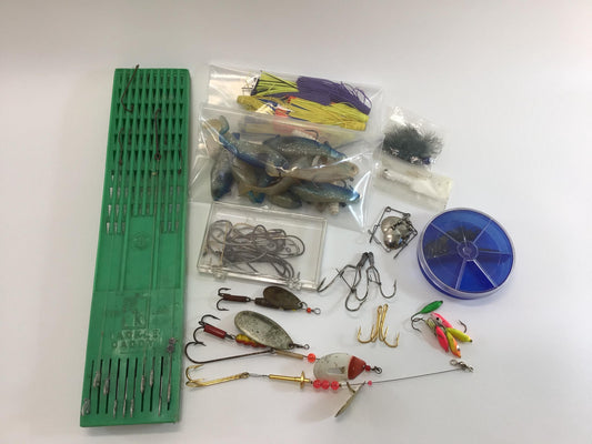 Vintage Fishing Tackle Lot Assortment of Spinners Hooks Rubber Minnows Other