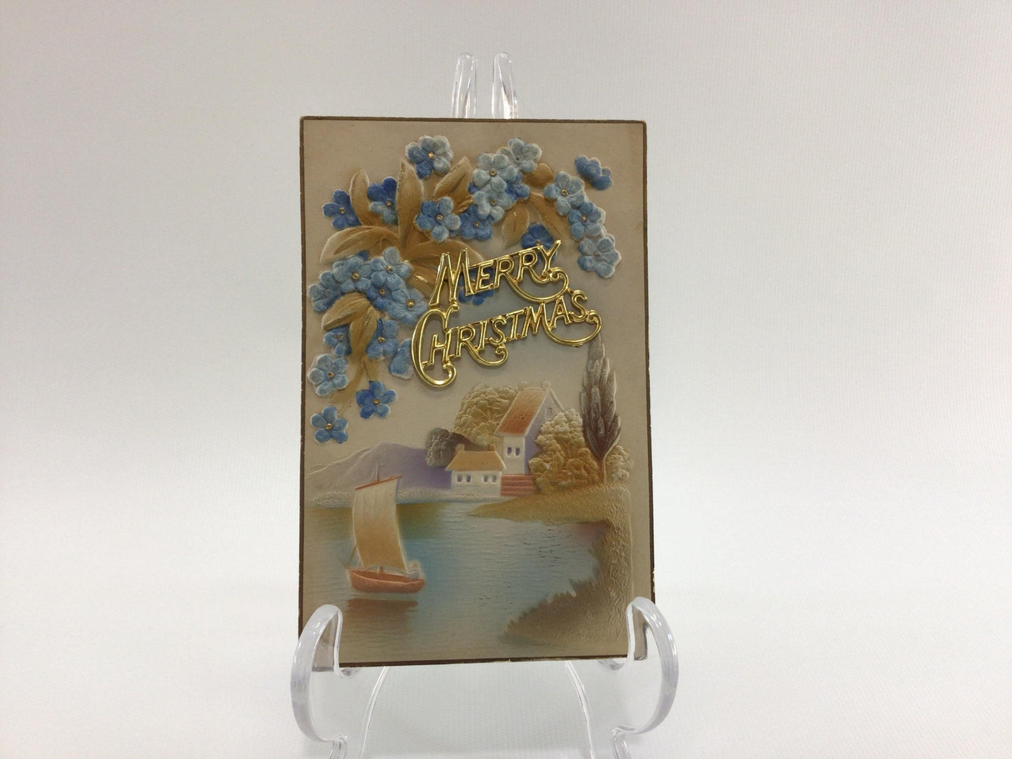 Christmas Postcard Applique Novelty Antique Ephemera Blue Forget Me Nots with Applied Metal Embellishment