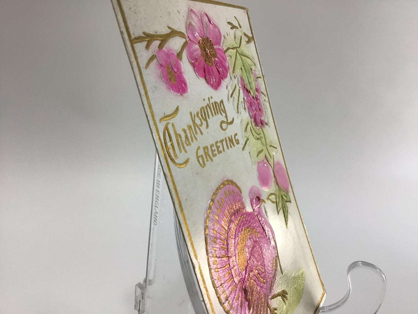 Antique Thanksgiving Novelty Postcard Embossed Airbrush Gold Gilt Pink Turkey and Flowers