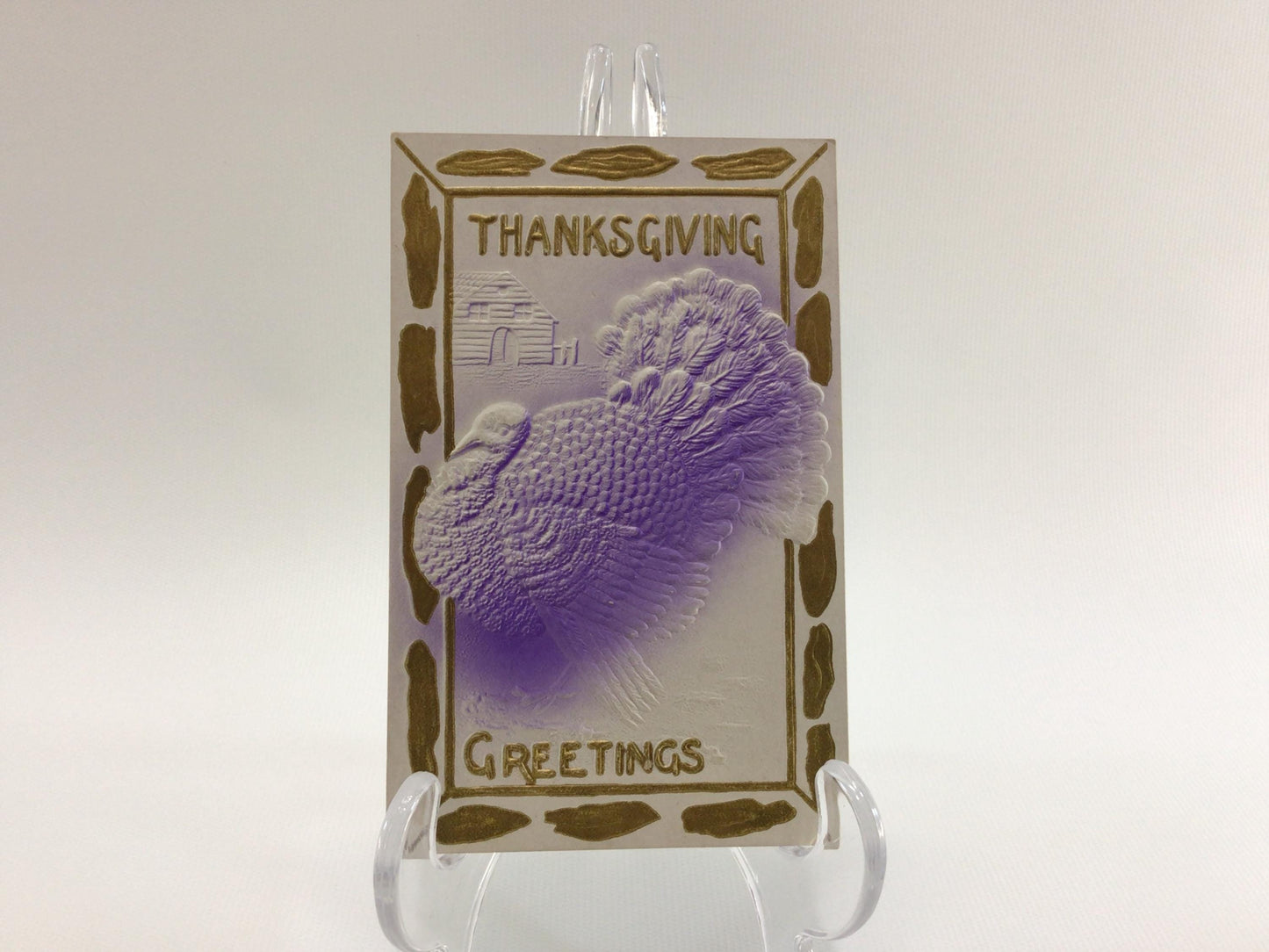 Antique Thanksgiving Novelty Postcard Embossed Airbrush Gold Gilt Purple Turkey