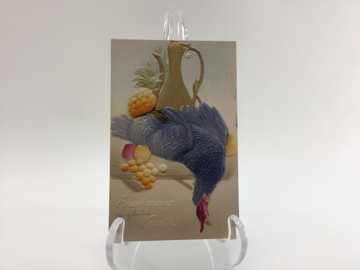 Antique Thanksgiving Novelty Postcard Embossed Airbrush Gold Gilt Game Turkey on Table with Pineapple