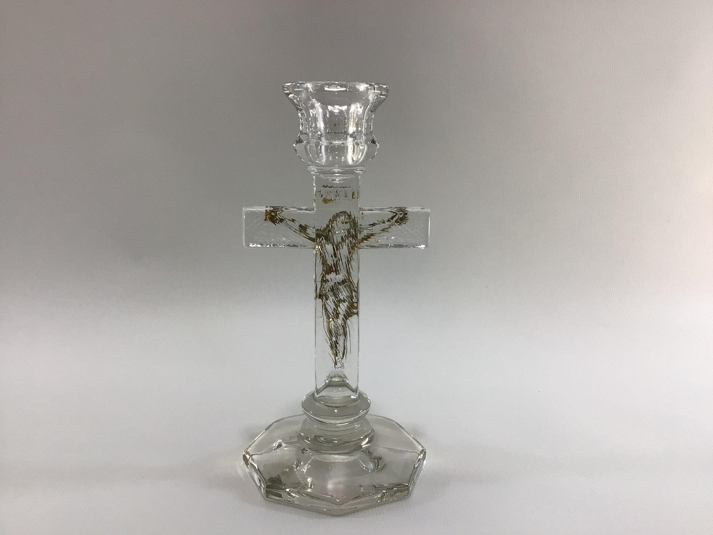 Catholic Last Rites Altar Crucifix Vintage Clear Glass and Gold Gilt Tapered Candlestick Holder