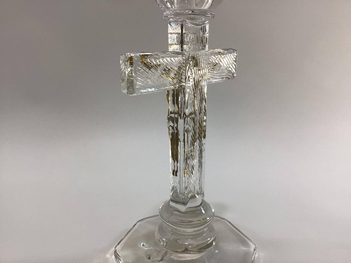 Catholic Last Rites Altar Crucifix Vintage Clear Glass and Gold Gilt Tapered Candlestick Holder