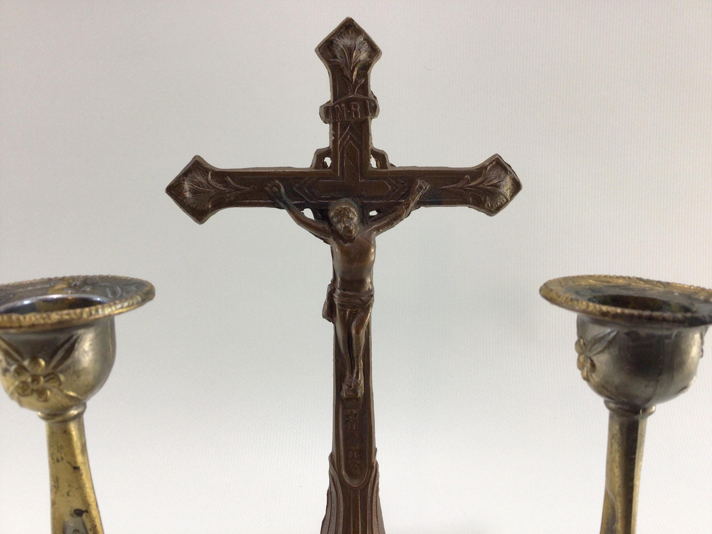 Catholic Last Rites Altar Vintage Spelter Crucifix and Tapered Candlestick Holders