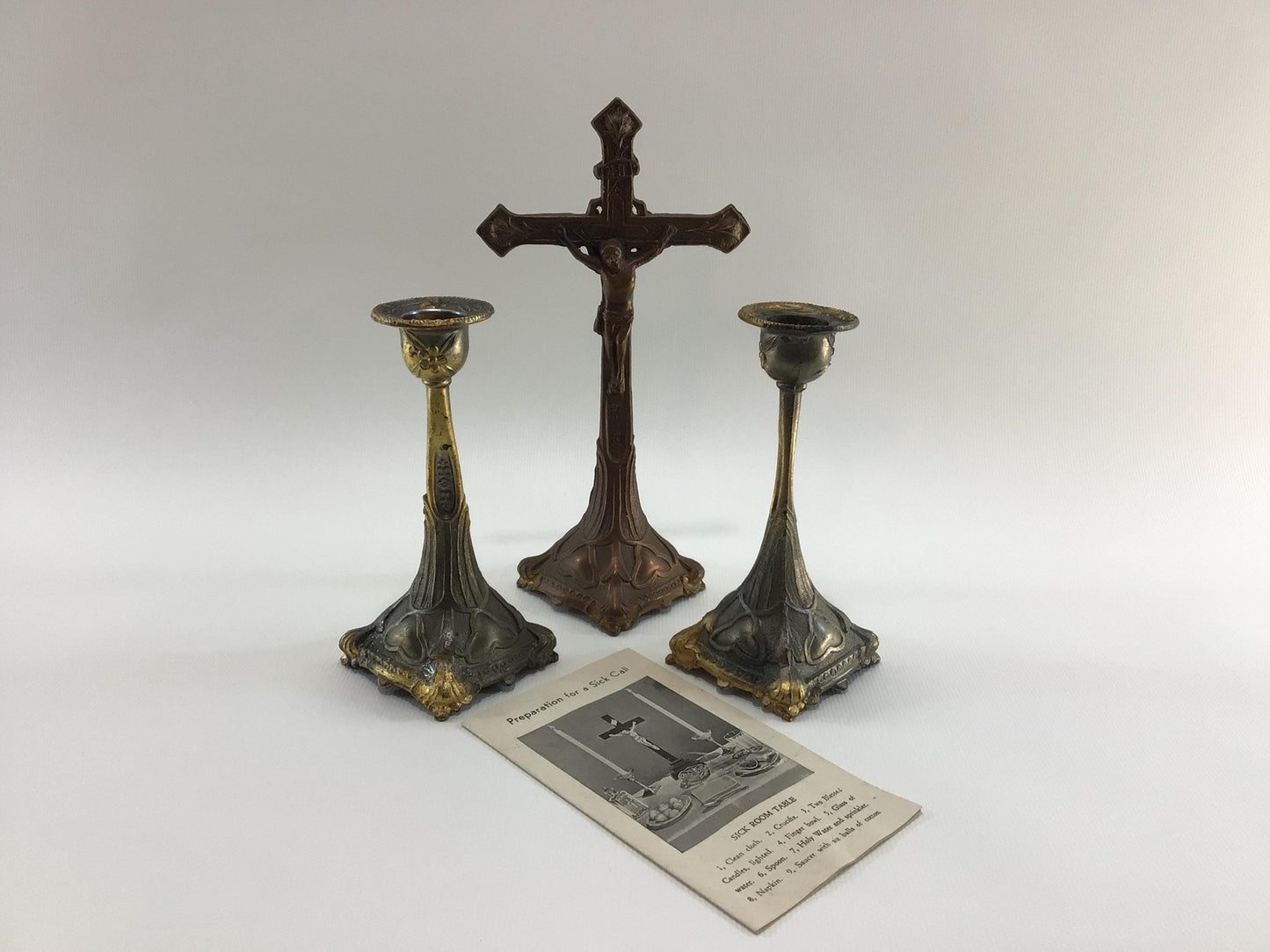 Catholic Last Rites Altar Vintage Spelter Crucifix and Tapered Candlestick Holders