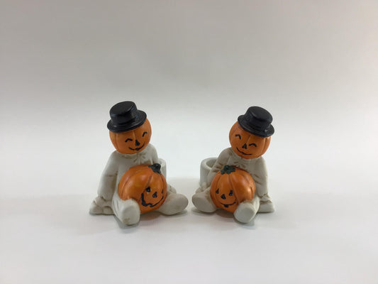 Halloween Taper Candle Holders Bisque Ceramic Made in Taiwan Kitschy Cute Jack O Lantern Holiday Decor