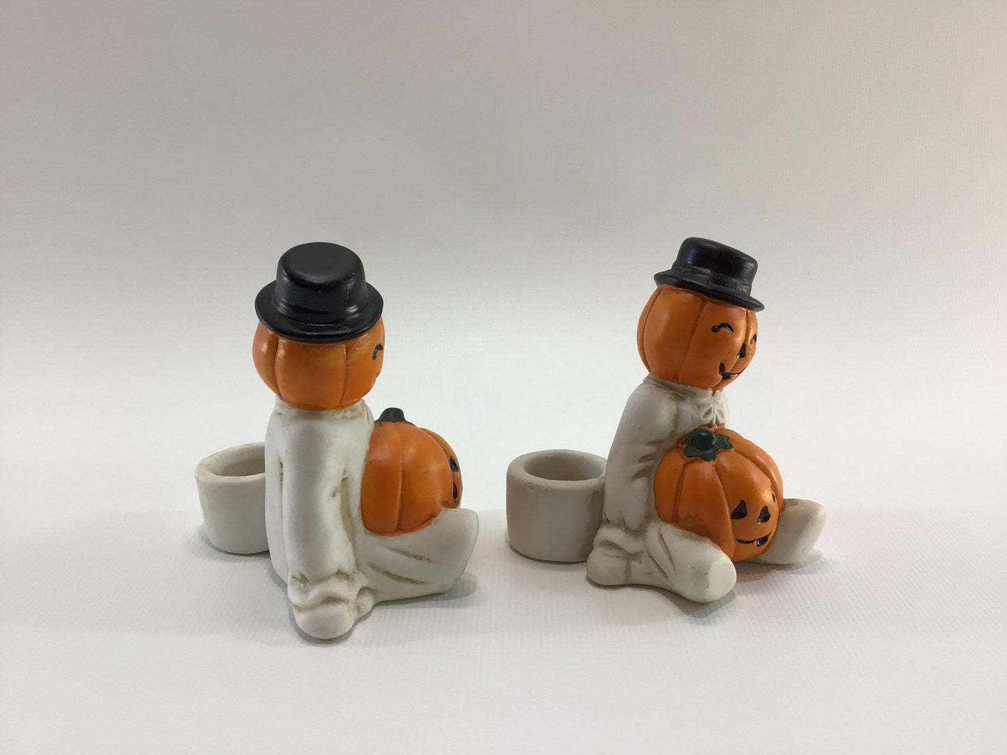 Halloween Taper Candle Holders Bisque Ceramic Made in Taiwan Kitschy Cute Jack O Lantern Holiday Decor