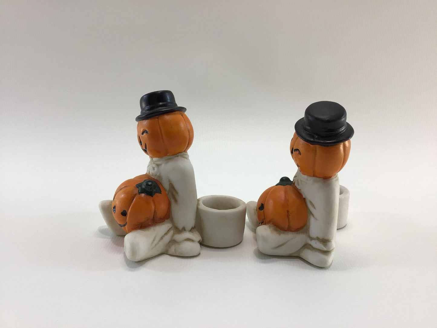 Halloween Taper Candle Holders Bisque Ceramic Made in Taiwan Kitschy Cute Jack O Lantern Holiday Decor