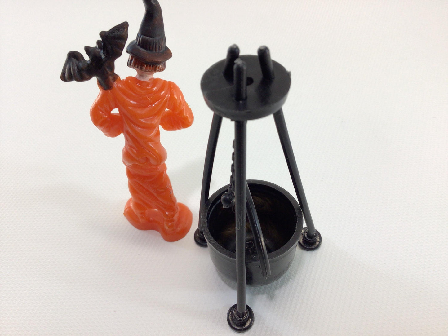 Halloween Cake Topper Vintage Kitschy Holiday Party Collectibles Witch with Bat and Cauldron