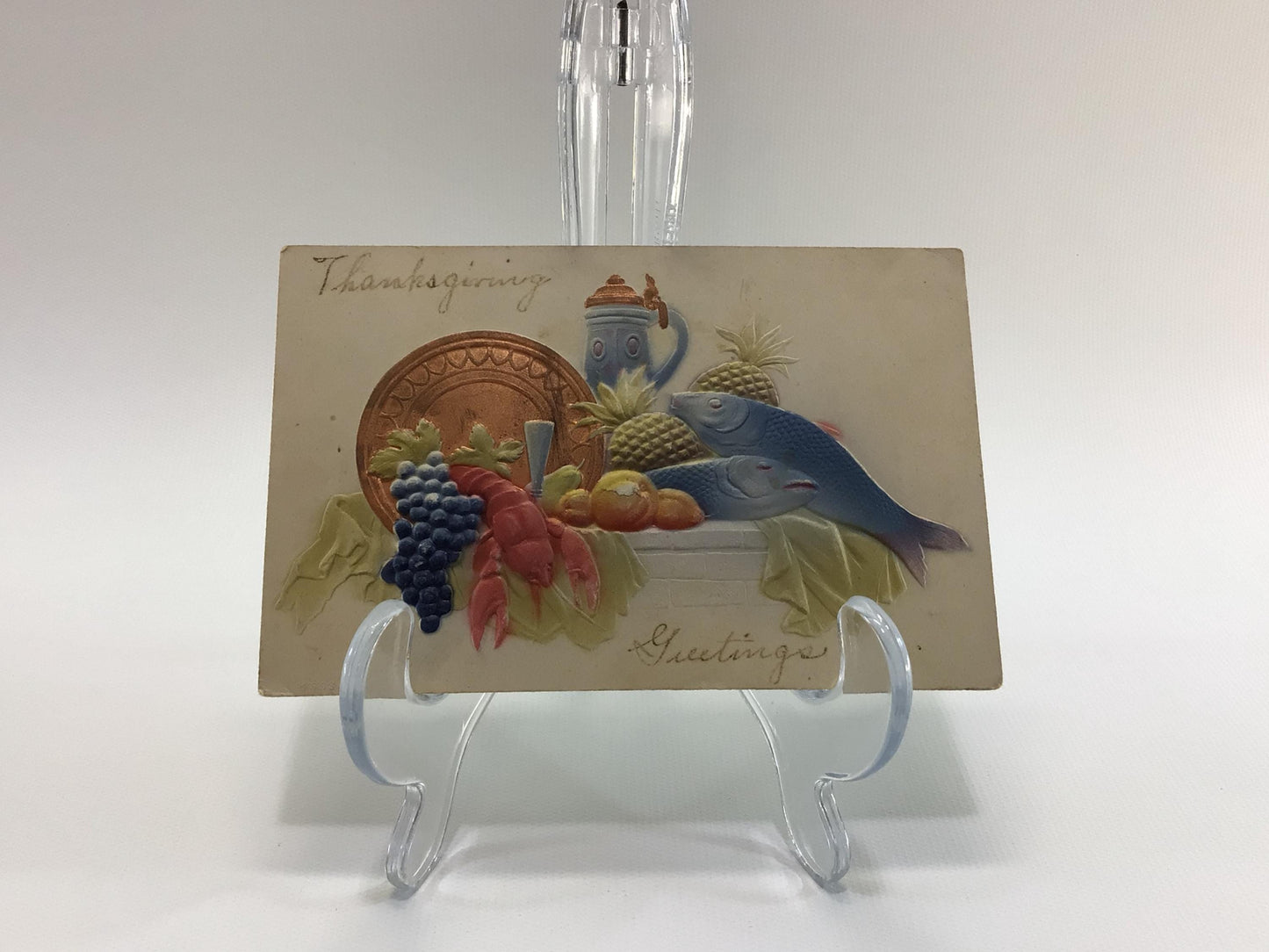 Antique Thanksgiving Novelty Postcard Embossed Airbrush Lobster and Fish Dinner