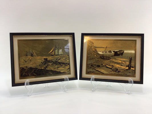 Vintage Art Wall Decor 5 x 7 Gold Foil Etchings Lionel Barrymore works Nantucket and Rocky Point