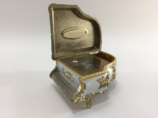 Grand Piano Music Box Trinket Jewelry Casket To Mom Engraved Vintage 1970's Vanity Decor Silver and Gold Tone Filigree