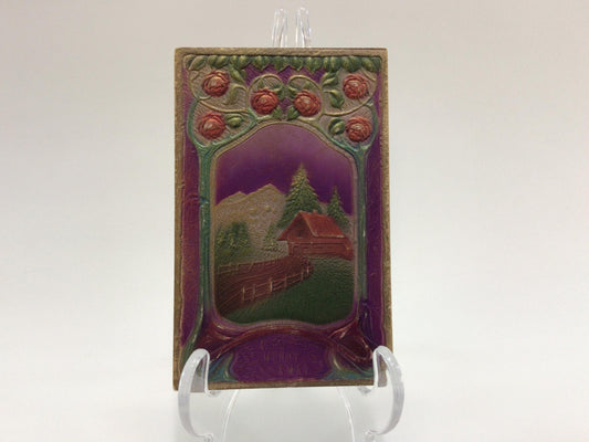 Novelty Christmas Postcard Antique Ephemera Airbrush Embossed Purple with Roses