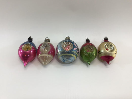 Christmas Ornaments 5 Assorted Mercury Glass Double Indent Vintage Holiday Tree Decor