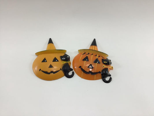 Halloween Cake Toppers 2 Vintage Kitschy Holiday Party Collectibles Jack O Lantern and Black Cat