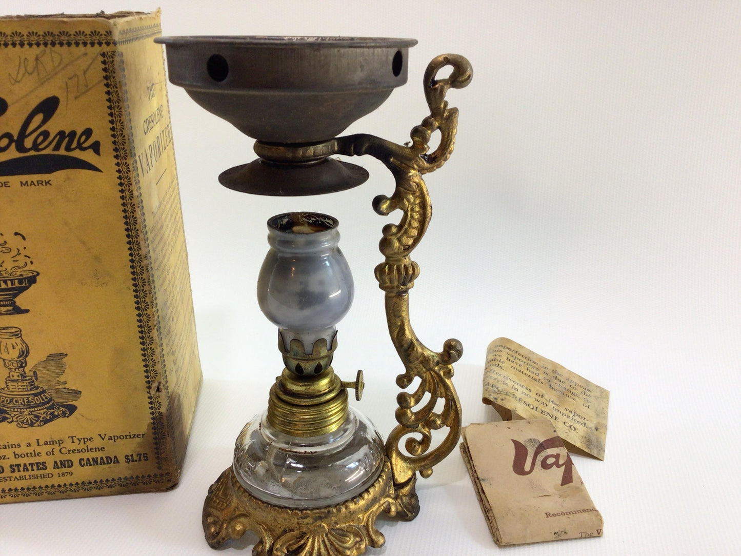 Vapo Cresolene Antique Vaporizer Stand and Box Victorian Medicinal Home Remedies Ephemera