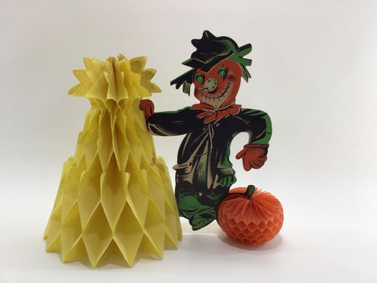 Scarecrow Halloween Decoration Vintage Paper Honeycomb Kitschy Fun Holiday Table Decor 10" Made in USA