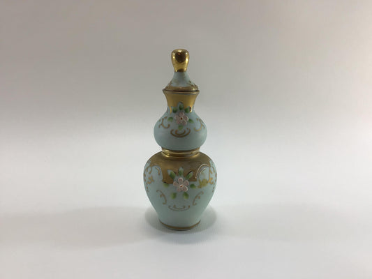 Double Perfume Bottle Antique Hand Painted Bisque Porcelain Gold and Green with Pink Flowers