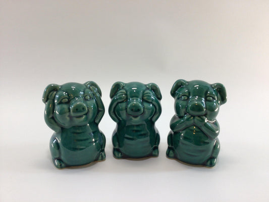 Green Pig Figurines Hear See Speak No Evil Ceramic Vintage Home Decor Kitsch