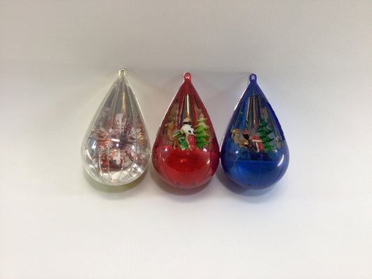 Diorama Christmas Ornaments 3 Jewel Brite Teardrop Hard Plastic Vintage Holiday Tree Decor