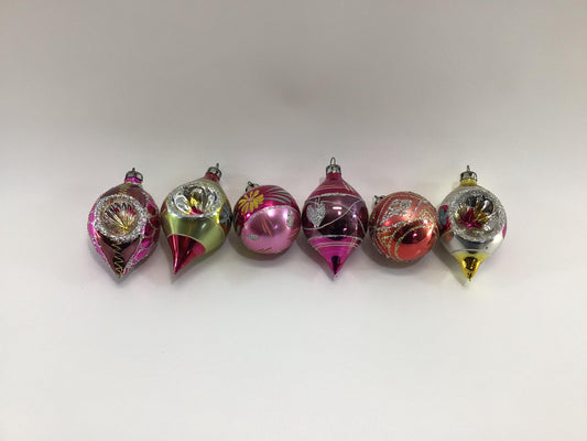 Christmas Ornaments 6 Mercury Glass Assorted Pieces Indent Teardrop and Glitter Vintage Holiday Tree Decor