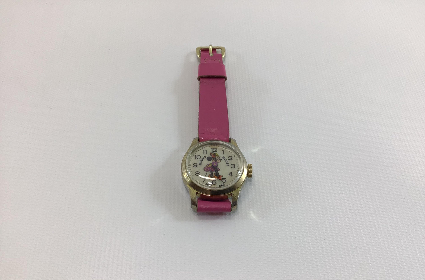 Minnie Mouse Wristwatch Vintage Walt Disney Productions Bradley Swiss Movement Mechanical Wind with Pink Leather Strap