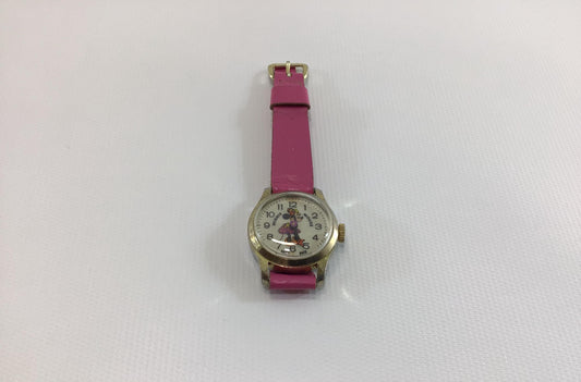 Minnie Mouse Wristwatch Vintage Walt Disney Productions Bradley Swiss Movement Mechanical Wind with Pink Leather Strap