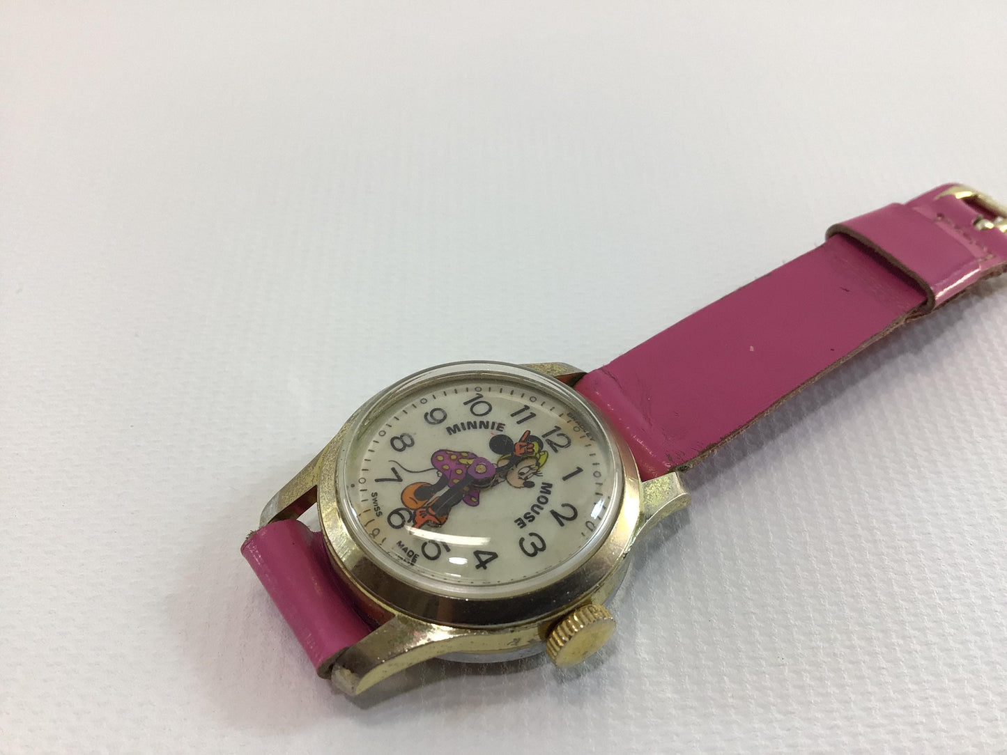 Minnie Mouse Wristwatch Vintage Walt Disney Productions Bradley Swiss Movement Mechanical Wind with Pink Leather Strap