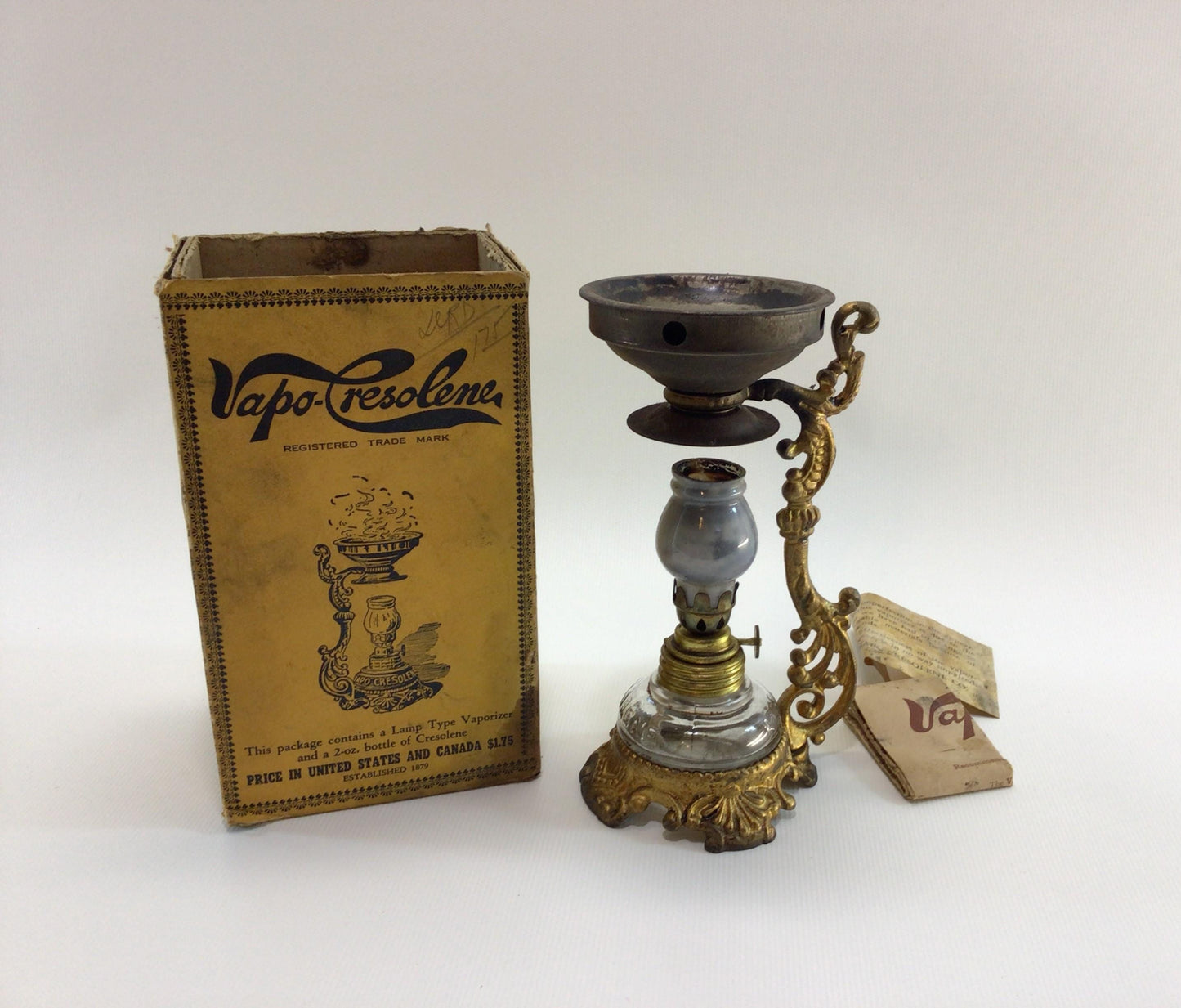 Vapo Cresolene Antique Vaporizer Stand and Box Victorian Medicinal Home Remedies Ephemera