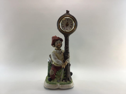 Music in Motion Willie the Golfer Electronic Music Box Mantle Clock Vintage Waco Bisque Ceramic Home Decor Whistling Clown Figurine