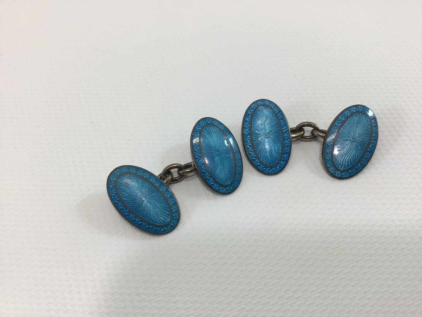 Blue Enamel Sterling Silver Chain Link Cufflinks Antique J Atkin & Son Birmingham Fashion Jewelry