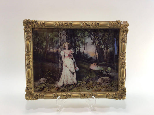 Reverse Painted Chalkware Frame Antique Art Wall Decor Young Woman at Stream Adorned in Pink Roses
