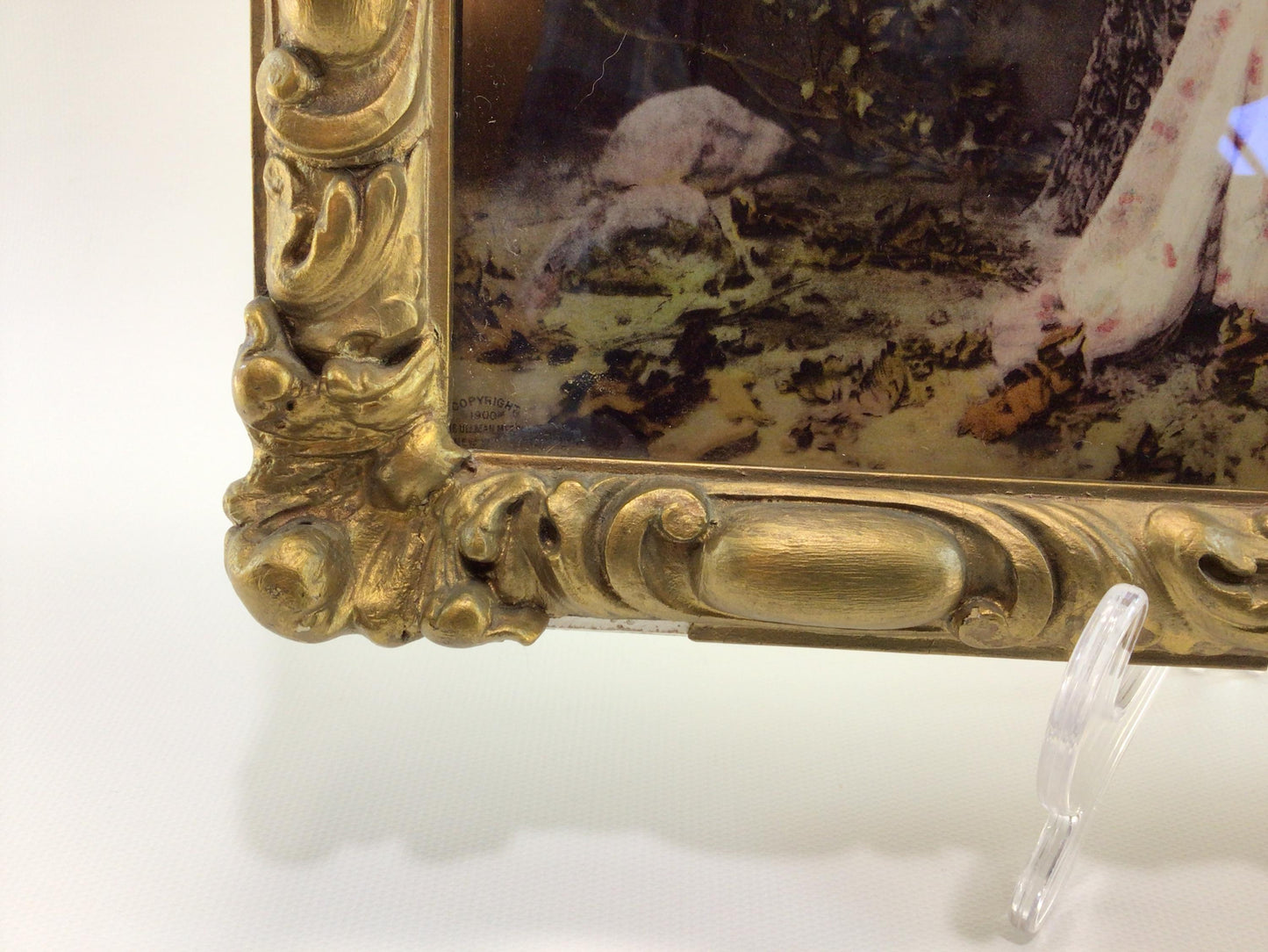 Reverse Painted Chalkware Frame Antique Art Wall Decor Young Woman at Stream Adorned in Pink Roses