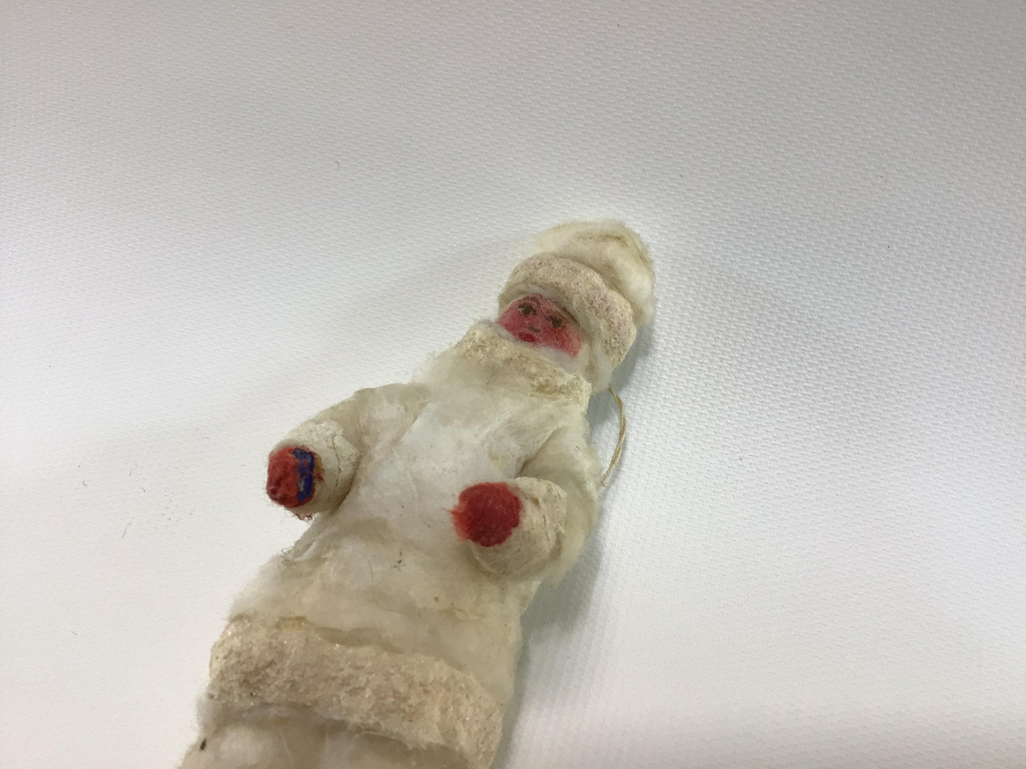 Spun Cotton Christmas Tree Ornament Antique German Folk Art Holiday Collectible White Parka Red Boots and Gloves