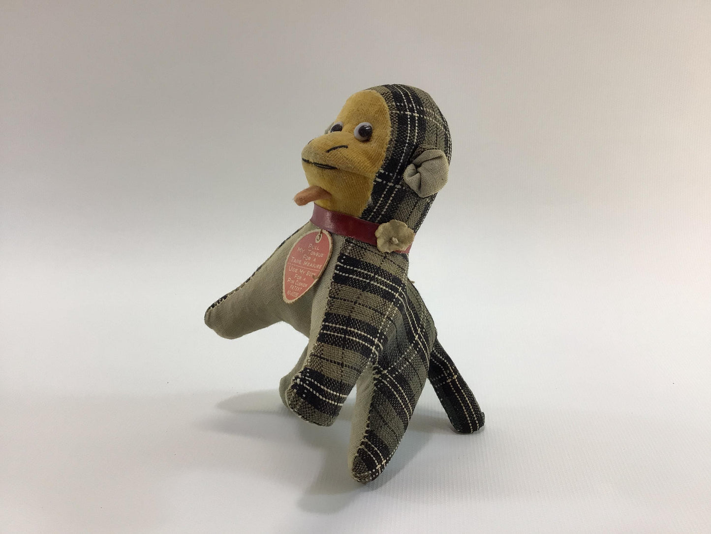 Plaid Monkey Pincushion Tape Measure Kitschy Made in Japan Vintage Sewing Notion Accessory