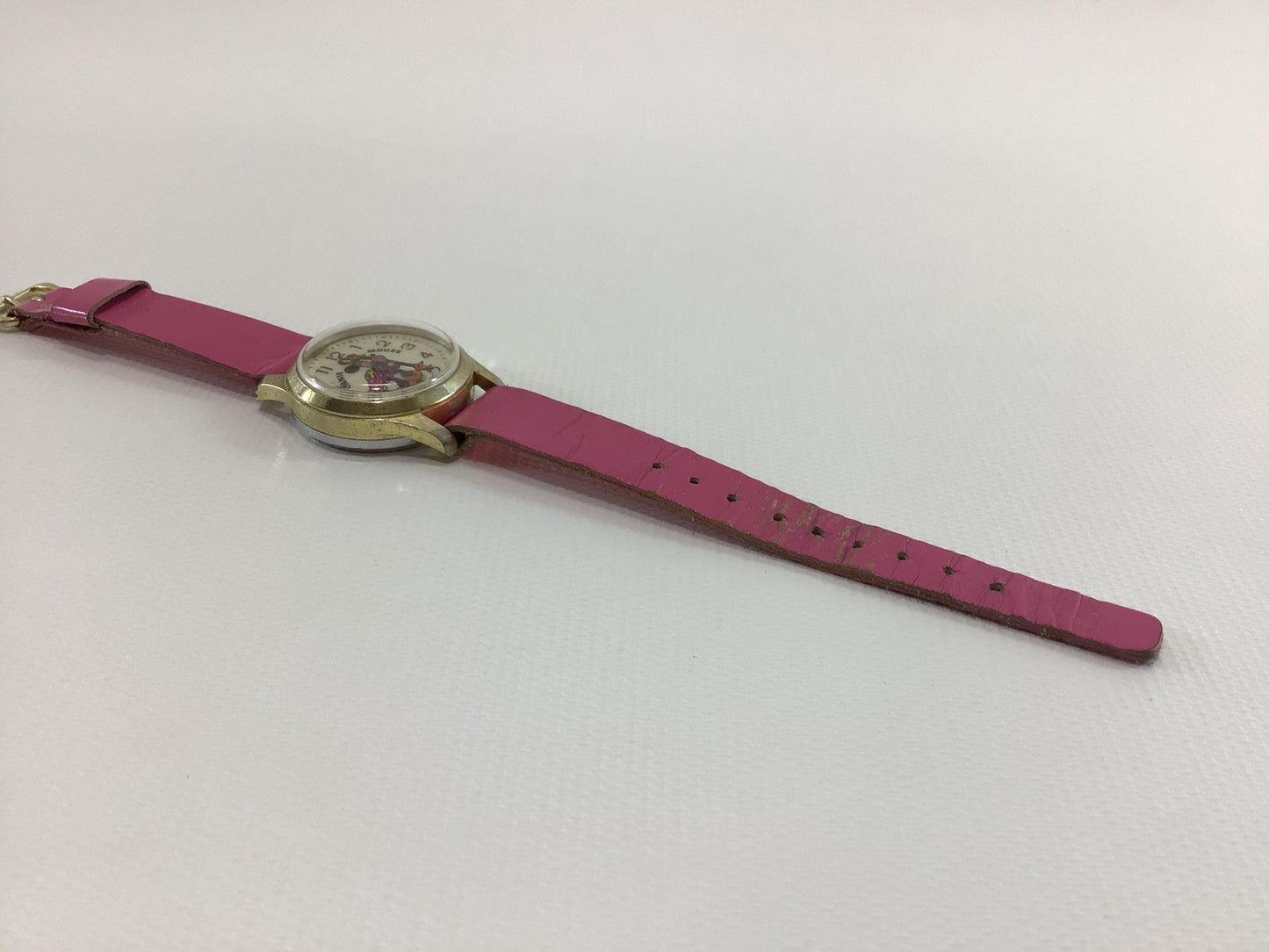 Minnie Mouse Wristwatch Vintage Walt Disney Productions Bradley Swiss Movement Mechanical Wind with Pink Leather Strap