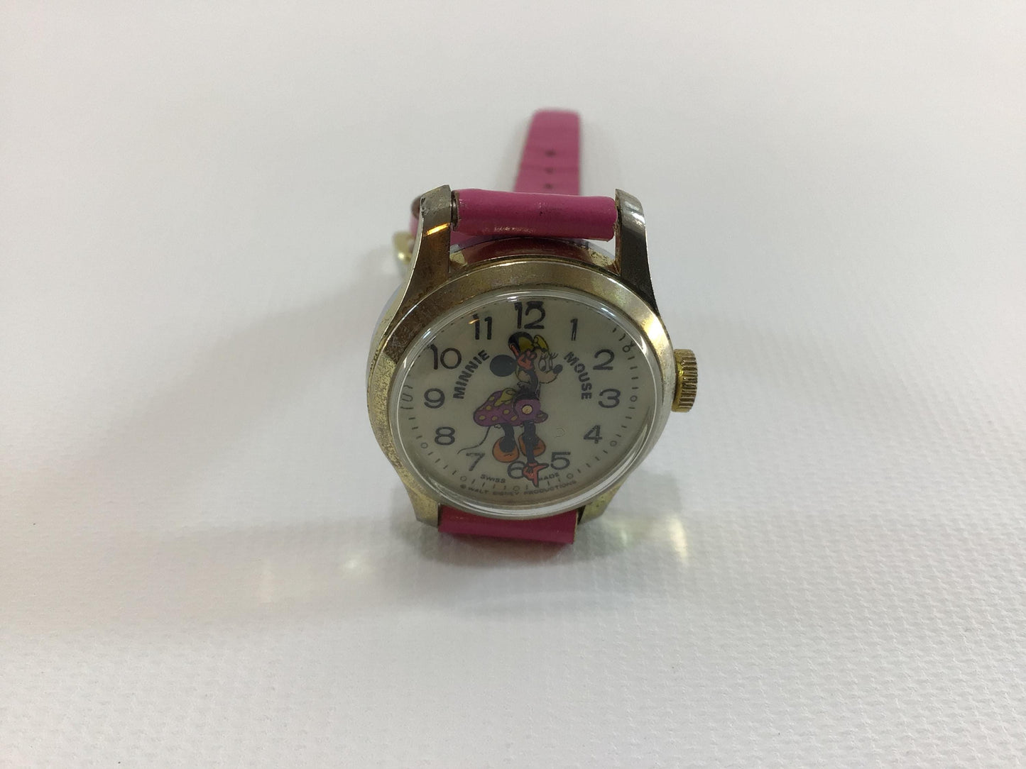 Minnie Mouse Wristwatch Vintage Walt Disney Productions Bradley Swiss Movement Mechanical Wind with Pink Leather Strap