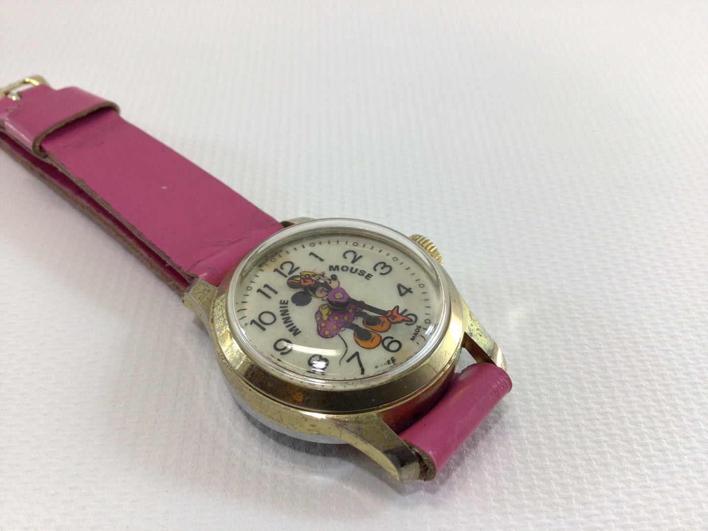 Minnie Mouse Wristwatch Vintage Walt Disney Productions Bradley Swiss Movement Mechanical Wind with Pink Leather Strap