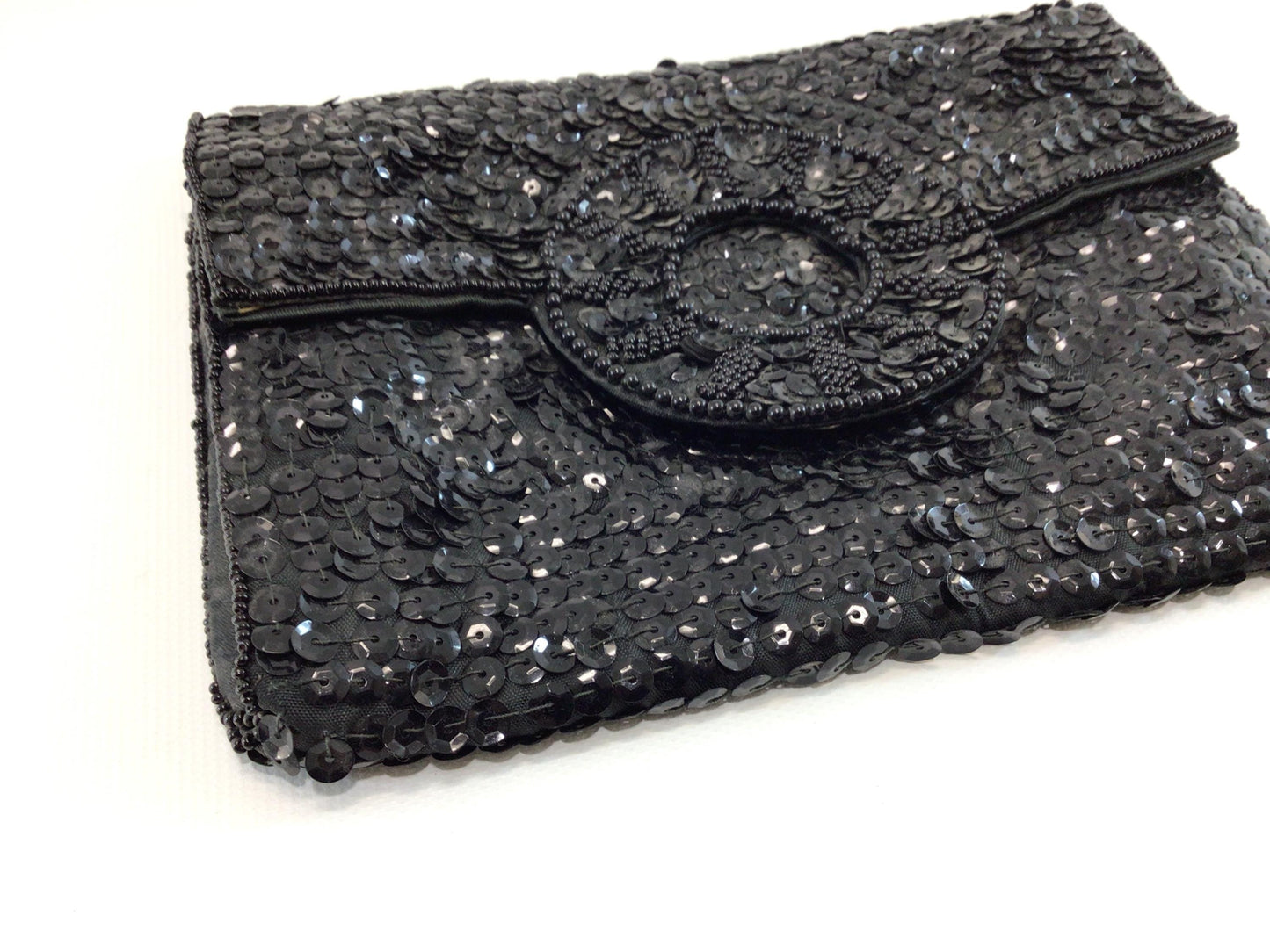 Black Sequin Handbag Clutch Purse Made in Japan Vintage Evening Fashion Accessory