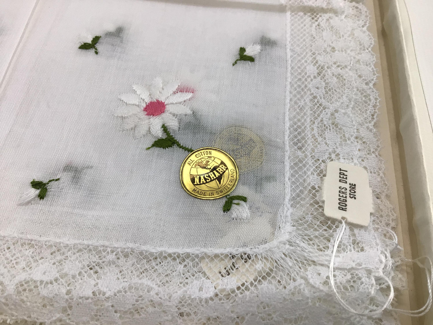 Ladies Handkerchief Set Embroidered White Daisies All Cotton Vintage Nasharr Made in Switzerland Box of 1 Dozen