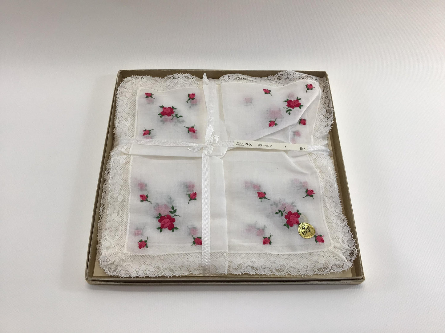 Ladies Handkerchief Set Embroidered Pink Tulips All Cotton Vintage Nasharr Made in Switzerland Box of 1 Dozen