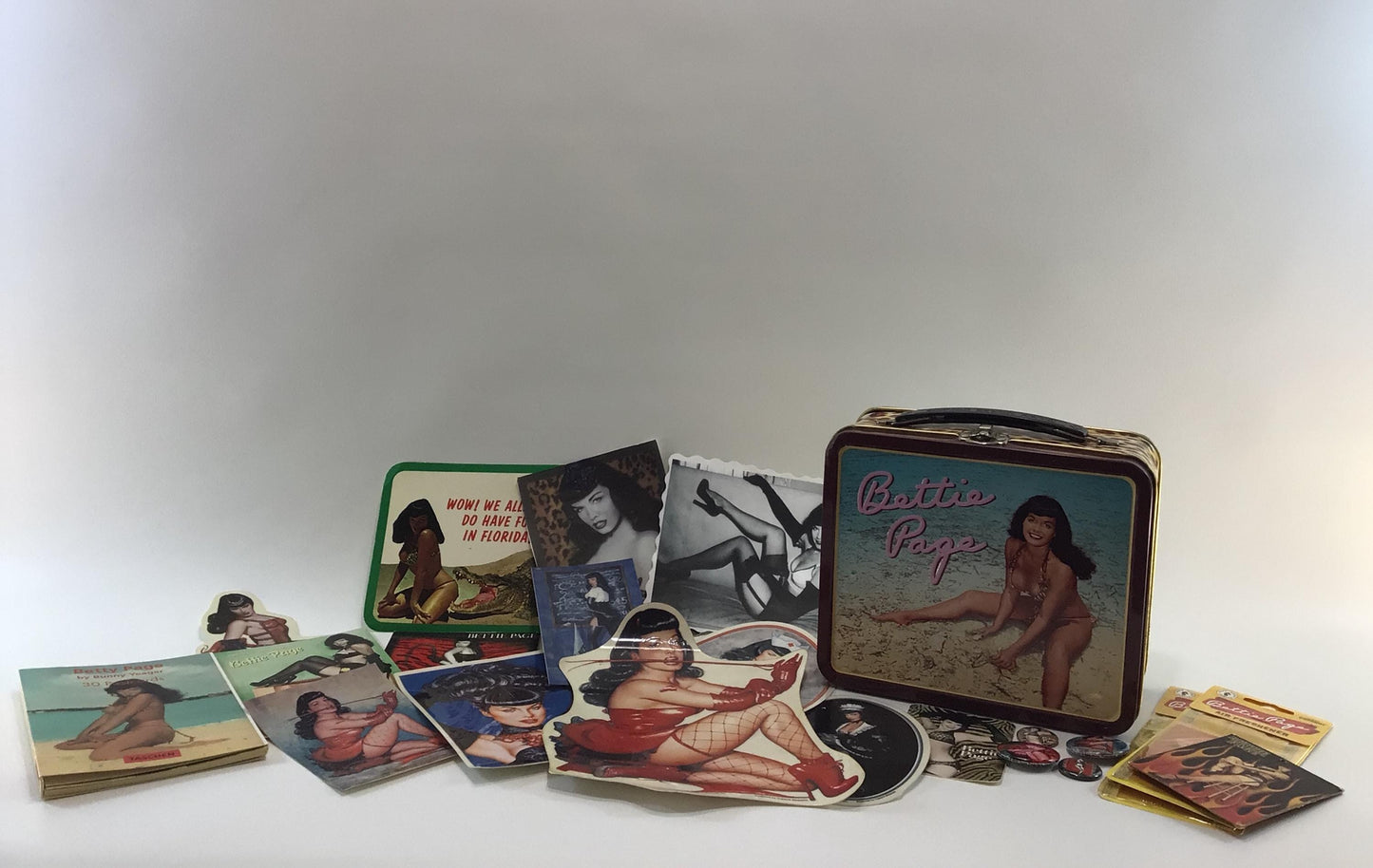 Betty Page Pin Up Girl Novelty Tin Lunchbox with Bunny Yeager Art Ephemera Pins Postcards Stickers