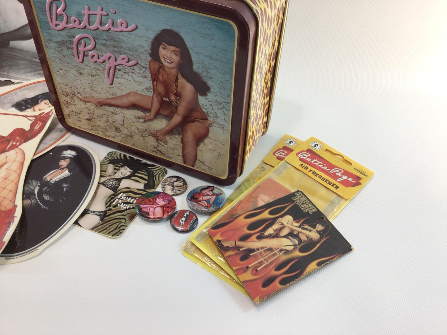 Betty Page Pin Up Girl Novelty Tin Lunchbox with Bunny Yeager Art Ephemera Pins Postcards Stickers