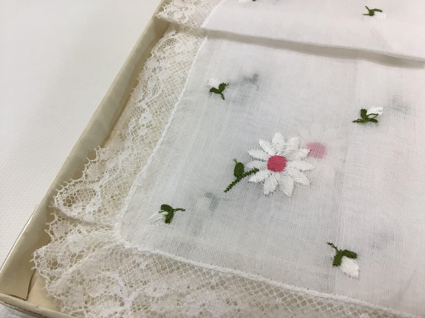 Ladies Handkerchief Set Embroidered White Daisies All Cotton Vintage Nasharr Made in Switzerland Box of 1 Dozen