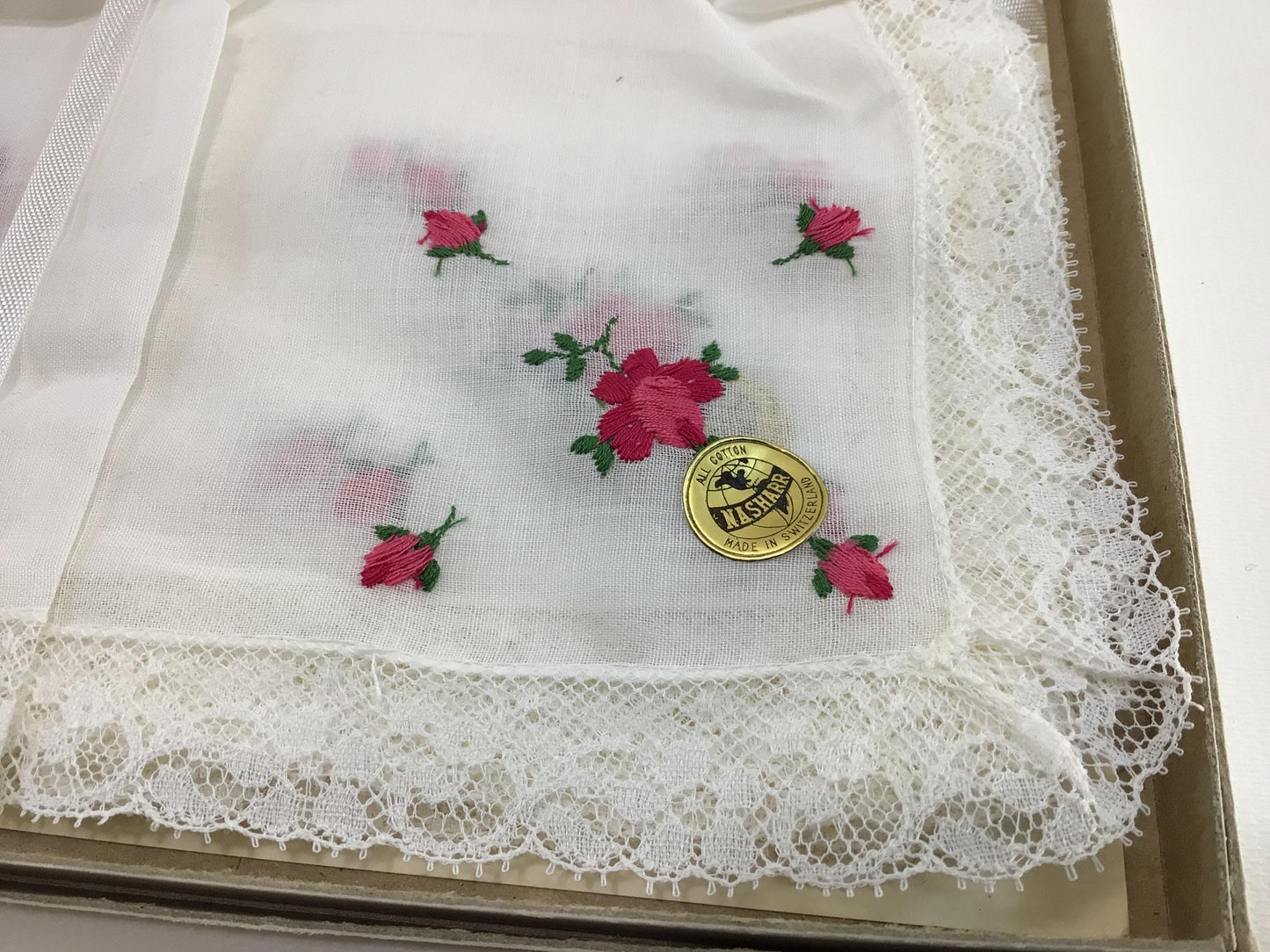 Ladies Handkerchief Set Embroidered Pink Tulips All Cotton Vintage Nasharr Made in Switzerland Box of 1 Dozen