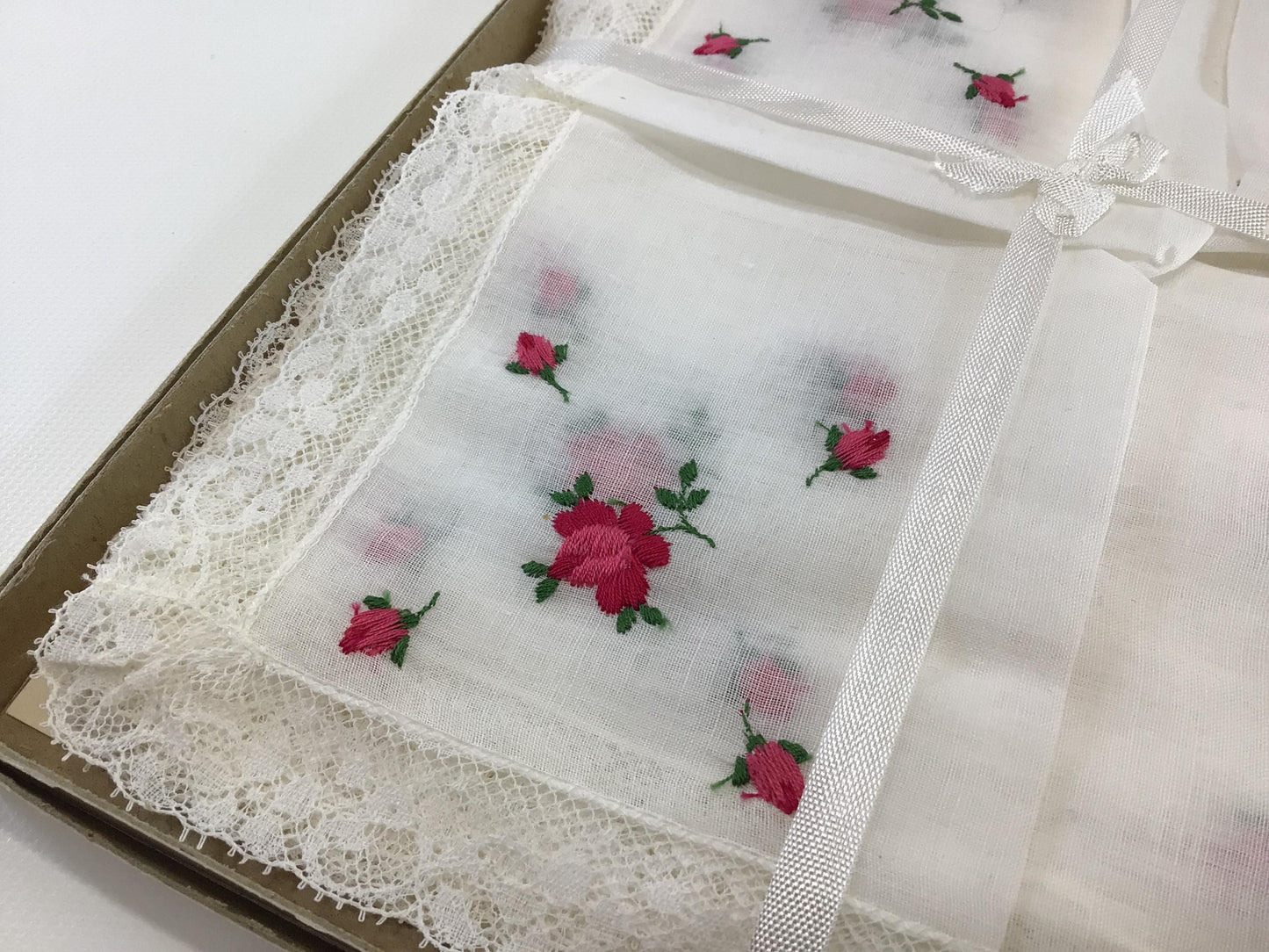 Ladies Handkerchief Set Embroidered Pink Tulips All Cotton Vintage Nasharr Made in Switzerland Box of 1 Dozen