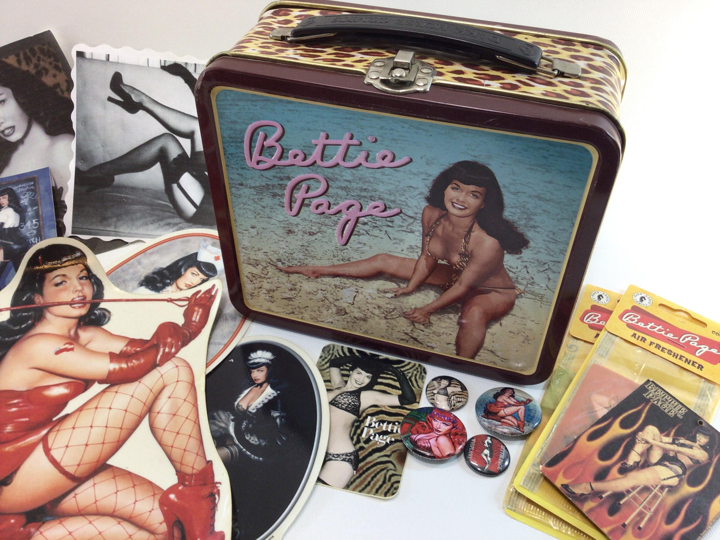 Betty Page Pin Up Girl Novelty Tin Lunchbox with Bunny Yeager Art Ephemera Pins Postcards Stickers