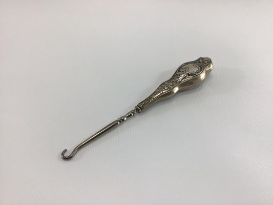 Antique 7" Button Hook Sterling Floral Motif Handle Collectible Victorian Hand Tool for Shoes Gloves Corsets