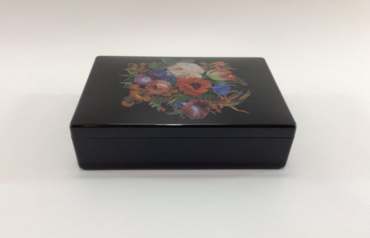 Jewelry Trinket Box Faux Black Lacquer Hard Plastic Floral Motif Vintage Vanity Decor